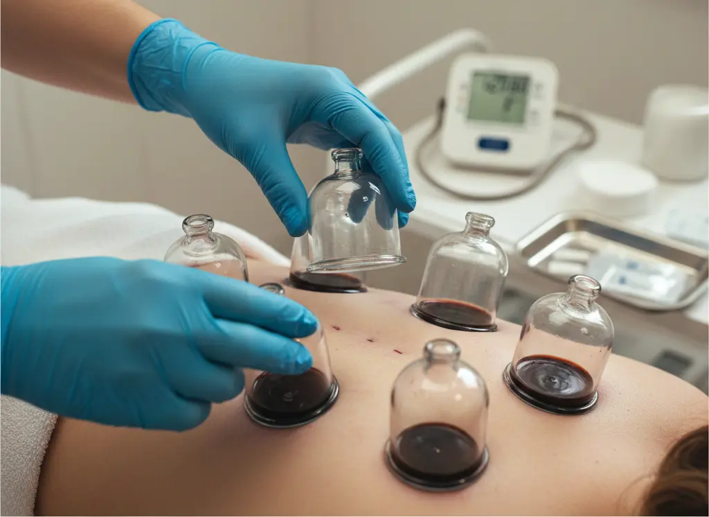 Hijama session showing cups applied to specific points on the back for managing high blood pressure and detoxification.