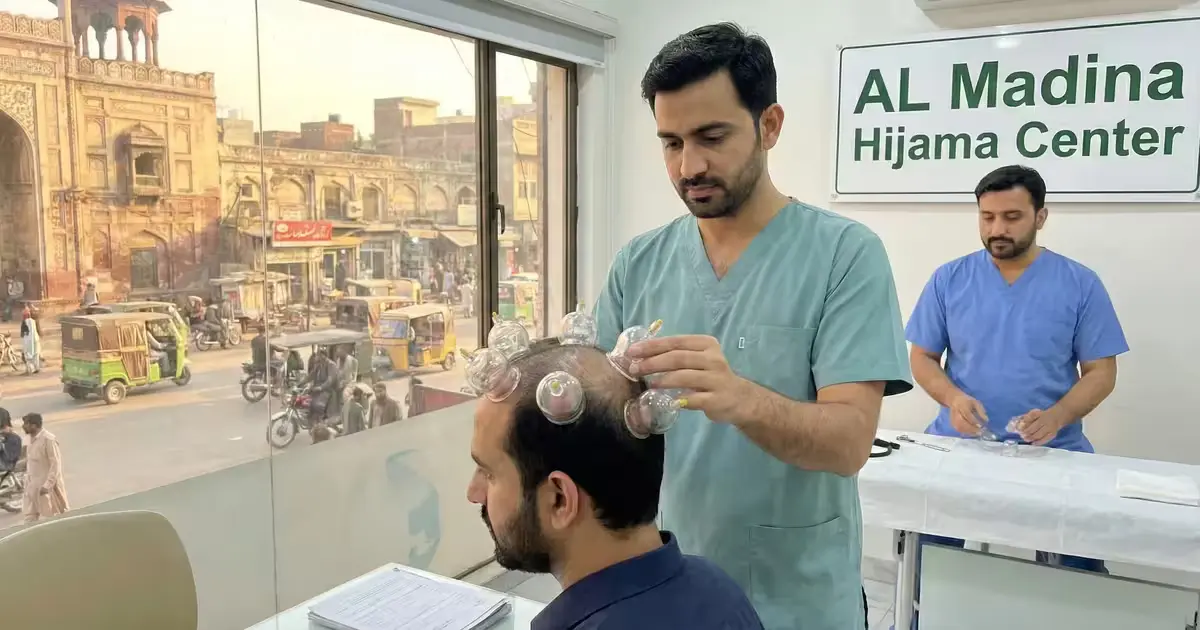 Patient receiving hijama on the head for hair growth at a hair hijama centre in Lahore