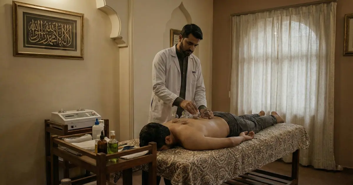 Therapist performing hijama in islam therapy at an islamic hijama centre in Lahore.