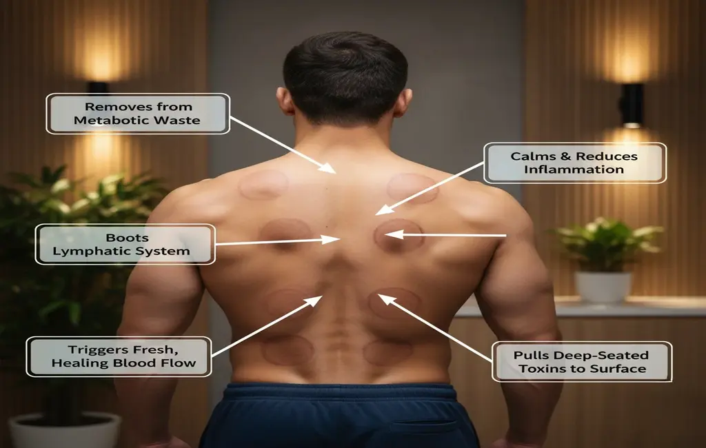 Close-up of glass cups applied for blood cupping (Hijama) therapy for detoxification and pain relief on a clients back.