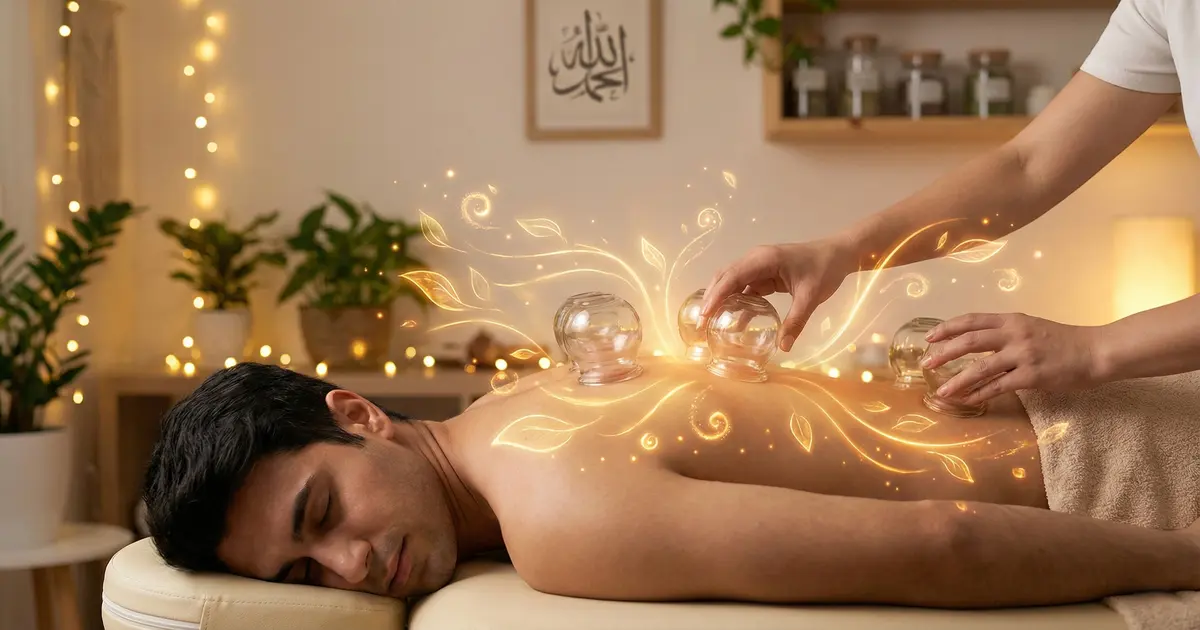 Close-up of glass cups applied for blood cupping (Hijama) therapy for detoxification and pain relief on a clients back.