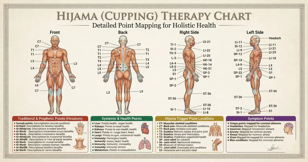 Hijama therapy chart showing key cupping therapy points on human body used by hijama clinics in Lahore for natural healing