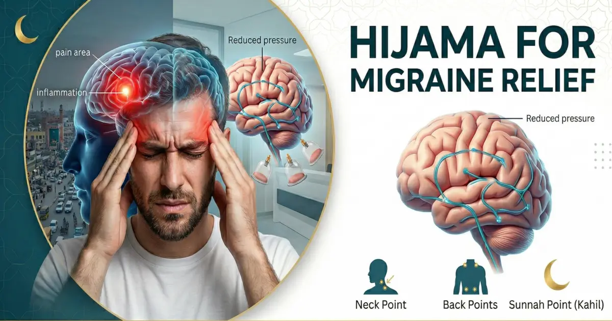 Hijama therapy for migraine relief at a professional center in Lahore.