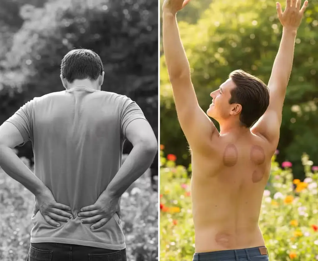 A certified practitioner applying glass cups to the upper back of a client receiving Hijama therapy for pain relief.