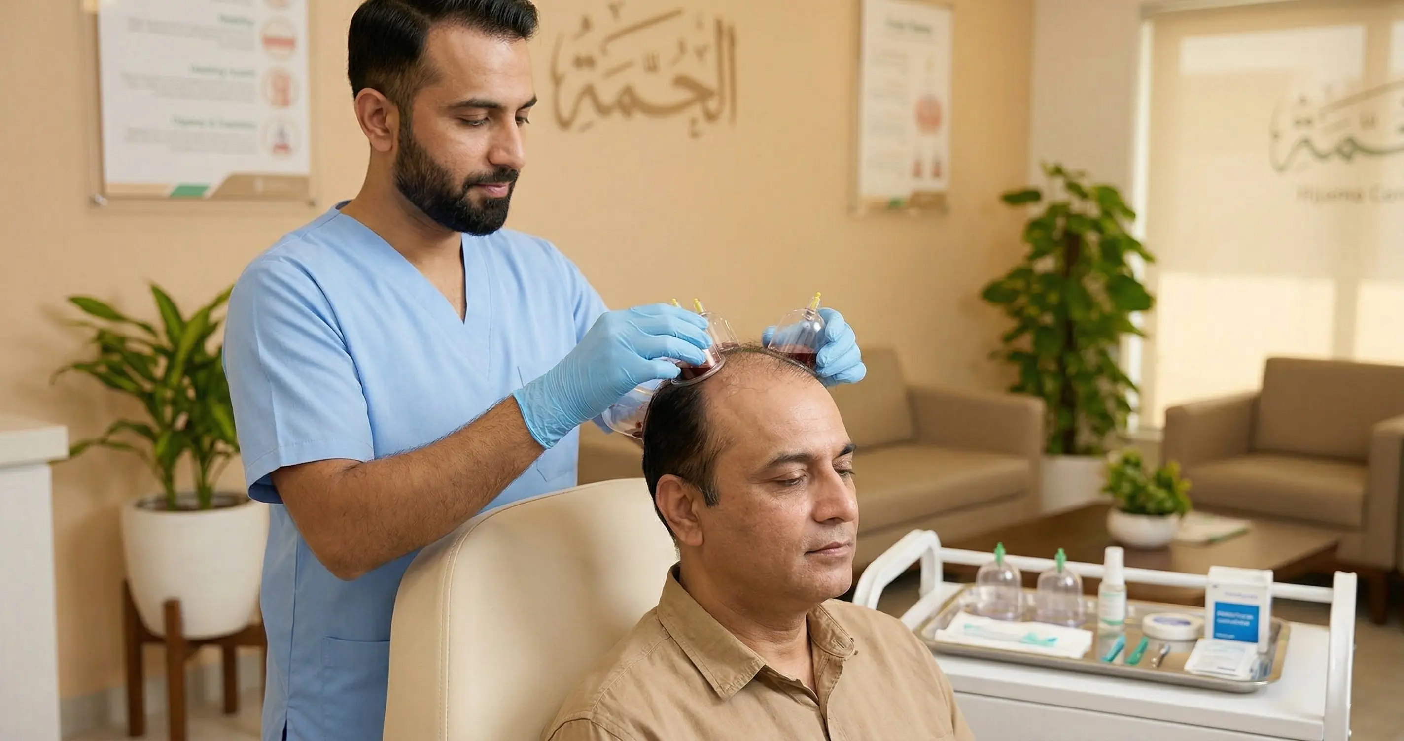 Patient receiving Hijama for hair fall in Lahore to stop thinning and promote natural regrowth
