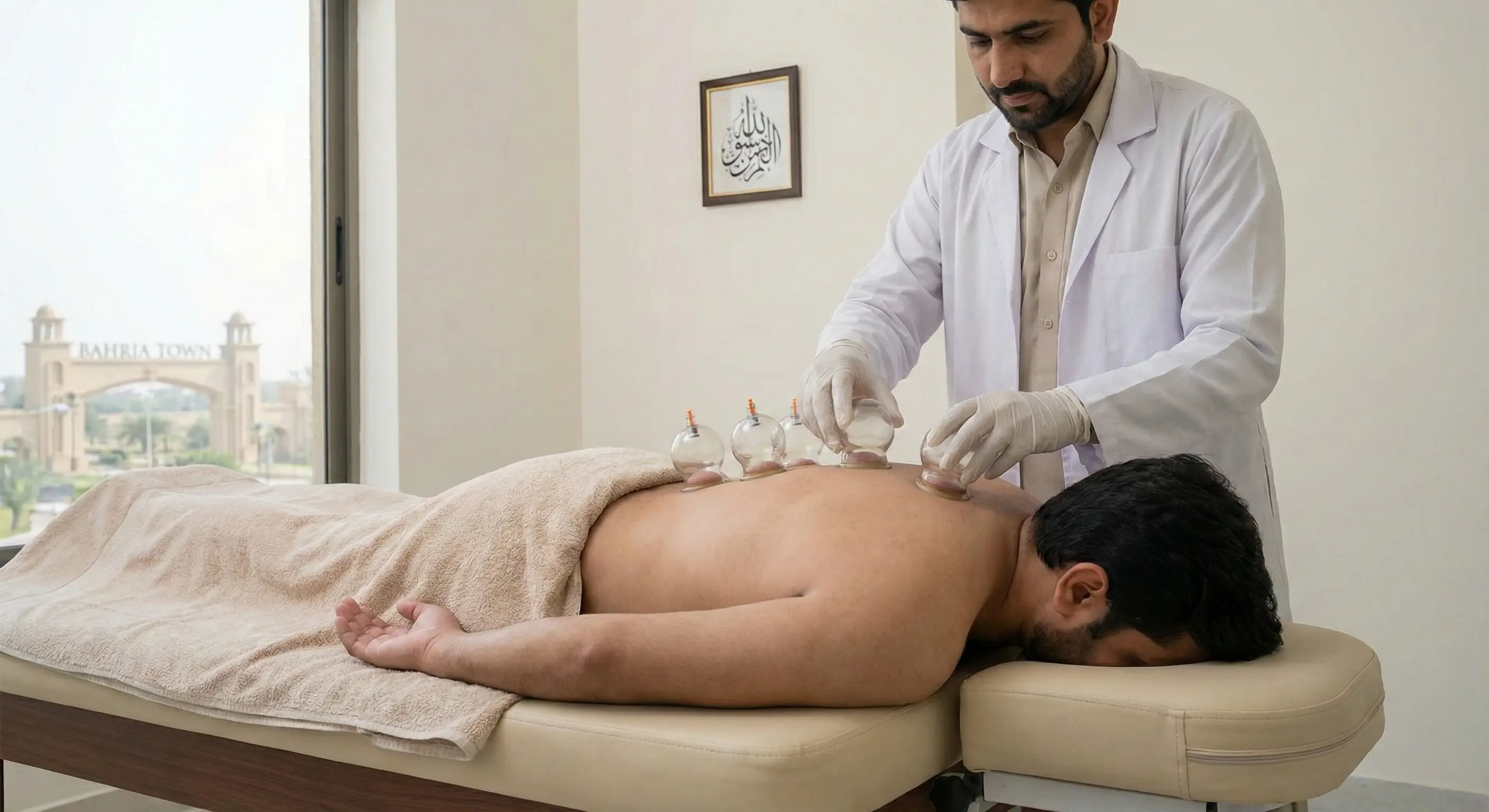 Professional Hijama cupping therapy session in Lahore showing sterile cups on the back for pain relief and detox.