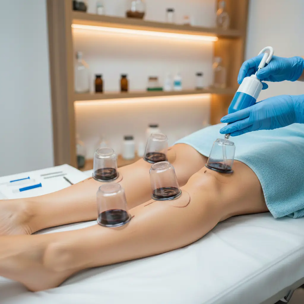 A side-by-side view of Dry Cupping (plastic cups only) and Wet Cupping (Hijama) on a patients back, showing the comparison.