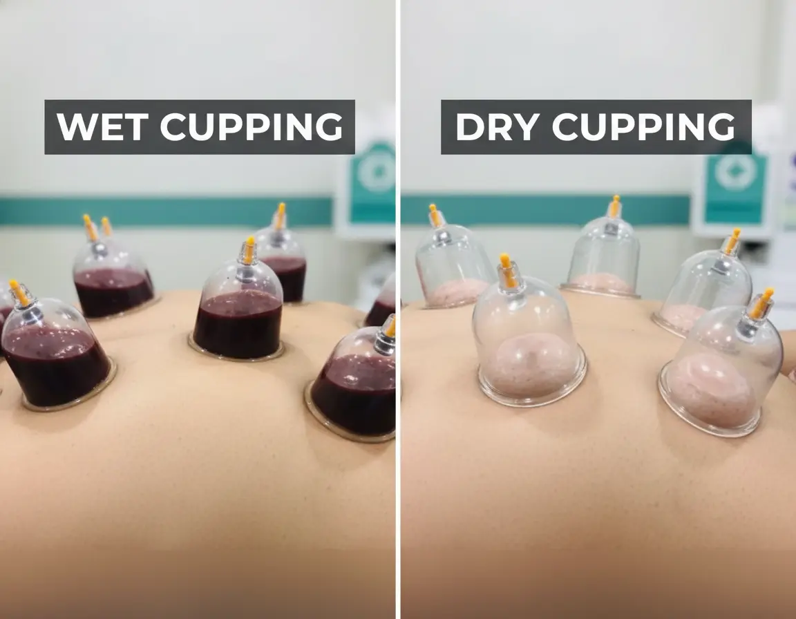 A side-by-side view of Dry Cupping and Wet Cupping (Hijama) cups on a patient back, showing the comparison.