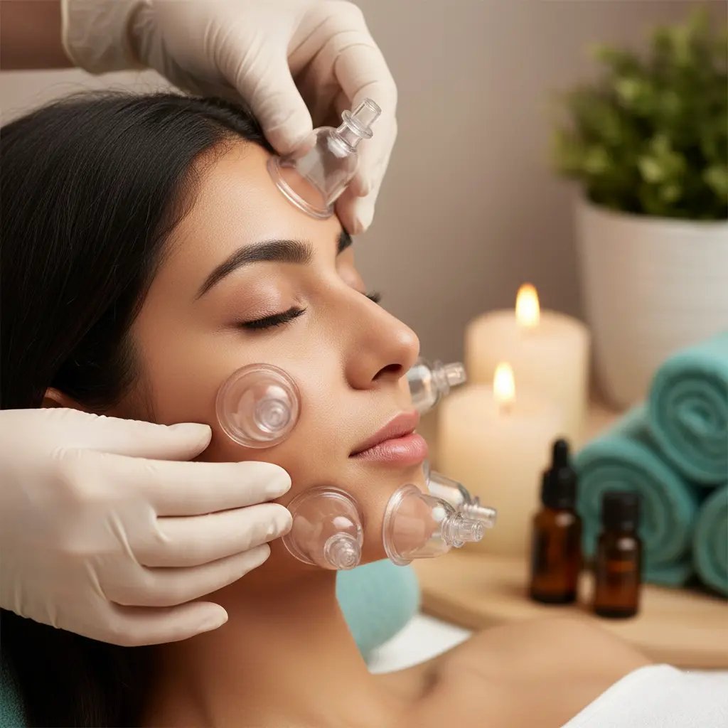 Female Face Hijama session in Lahore showing small suction cups on the cheek and forehead for clear skin.