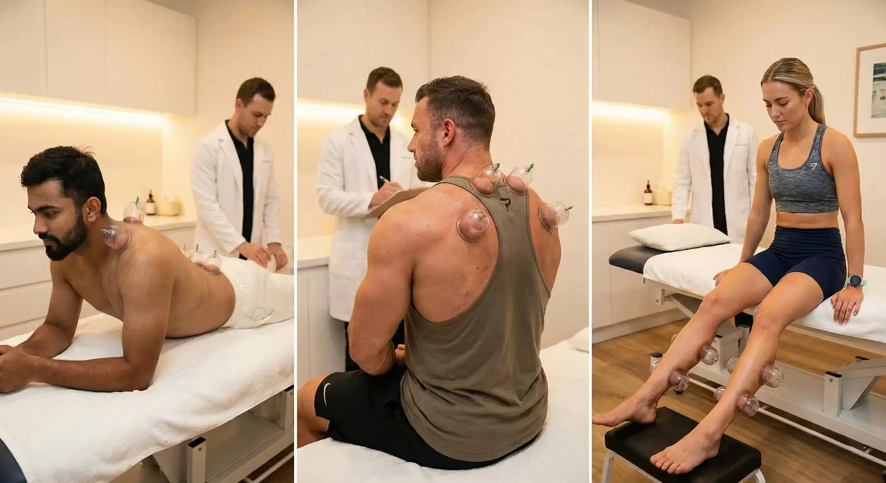 Sports cupping therapy treatment for athletes including a cricketer, bodybuilder, and runner recovering from injuries