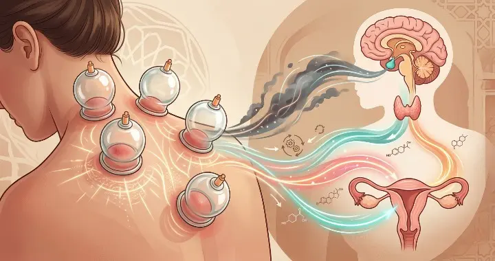 Illustration showing cupping therapy points connected to the pituitary gland and reproductive organs to support hormonal balance