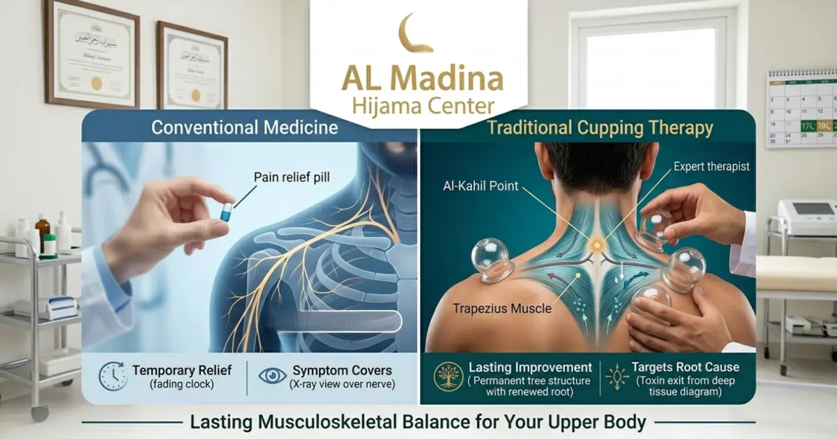 Comparison of conventional medicine and traditional cupping therapy showing the Al-Kahil Point and trapezius muscle treatment for lasting neck pain relief