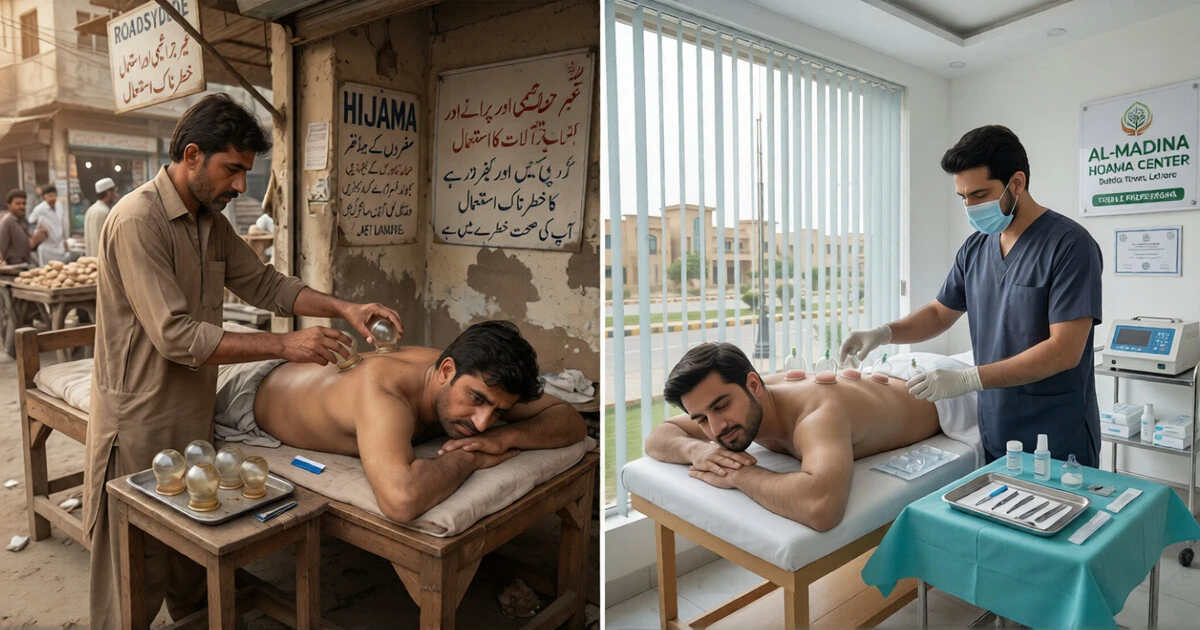 Comparison of an unhygienic roadside cupping setup and a clean, professional treatment room