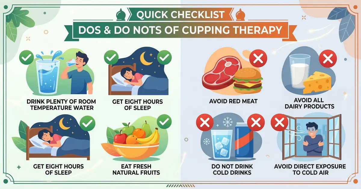 Illustrated checklist of dos and don'ts before and after Hijama cupping therapy